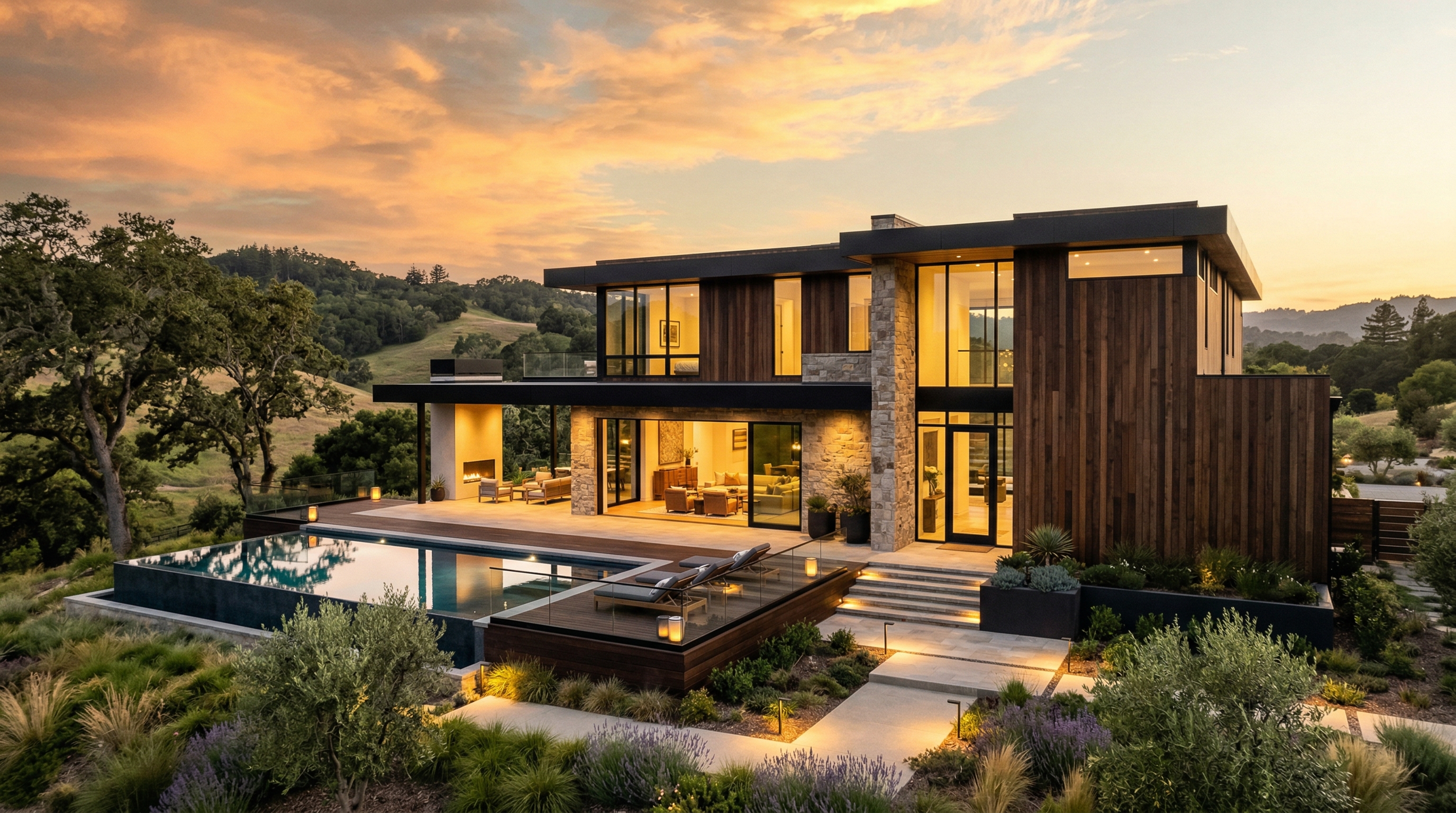 Modern wood-and-stone hillside home at golden hour — infinity pool, wide establishing shot, saturated sunset sky
