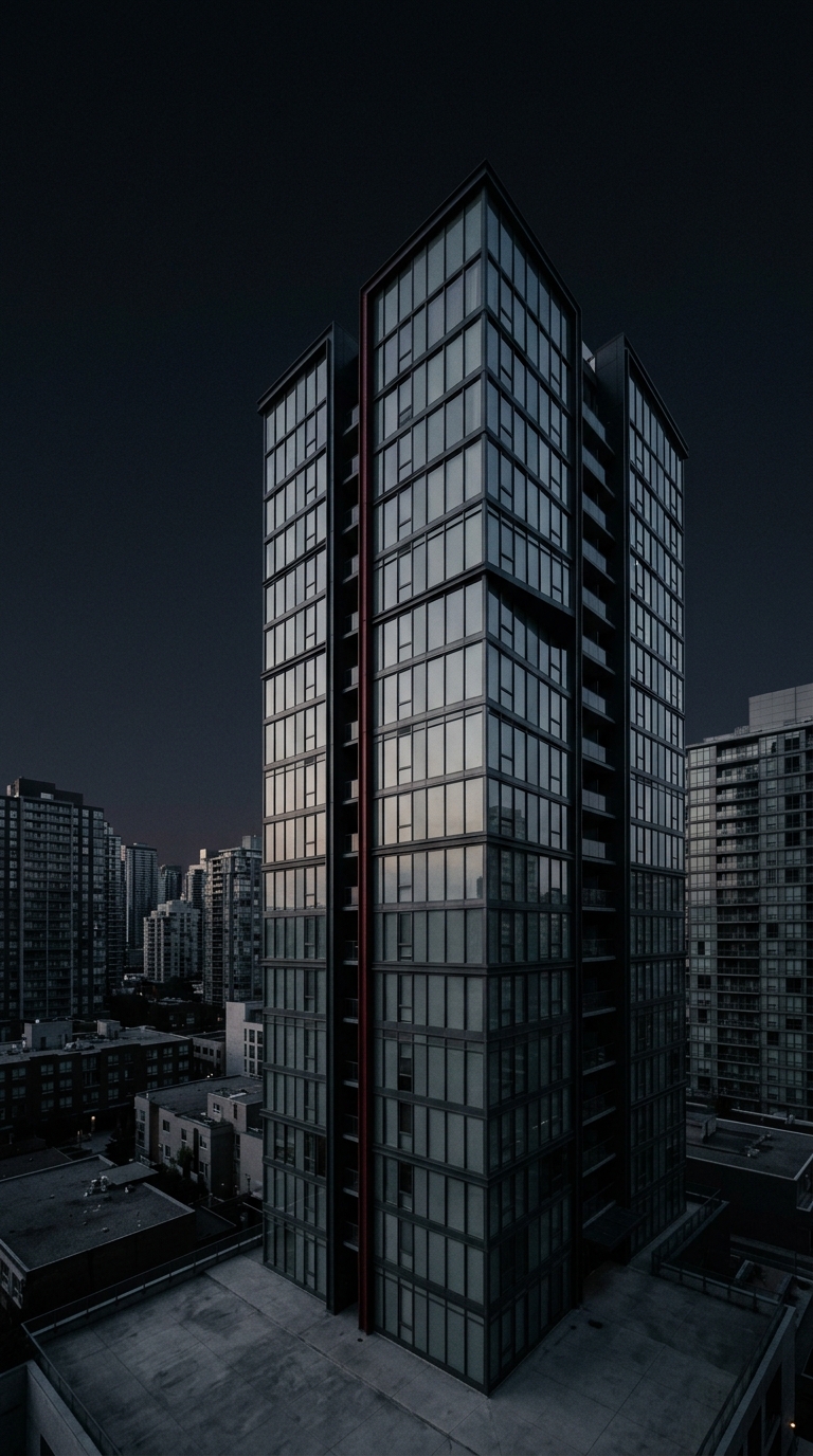 Nexus Tower exterior, Dubai — glass and steel tower at dusk