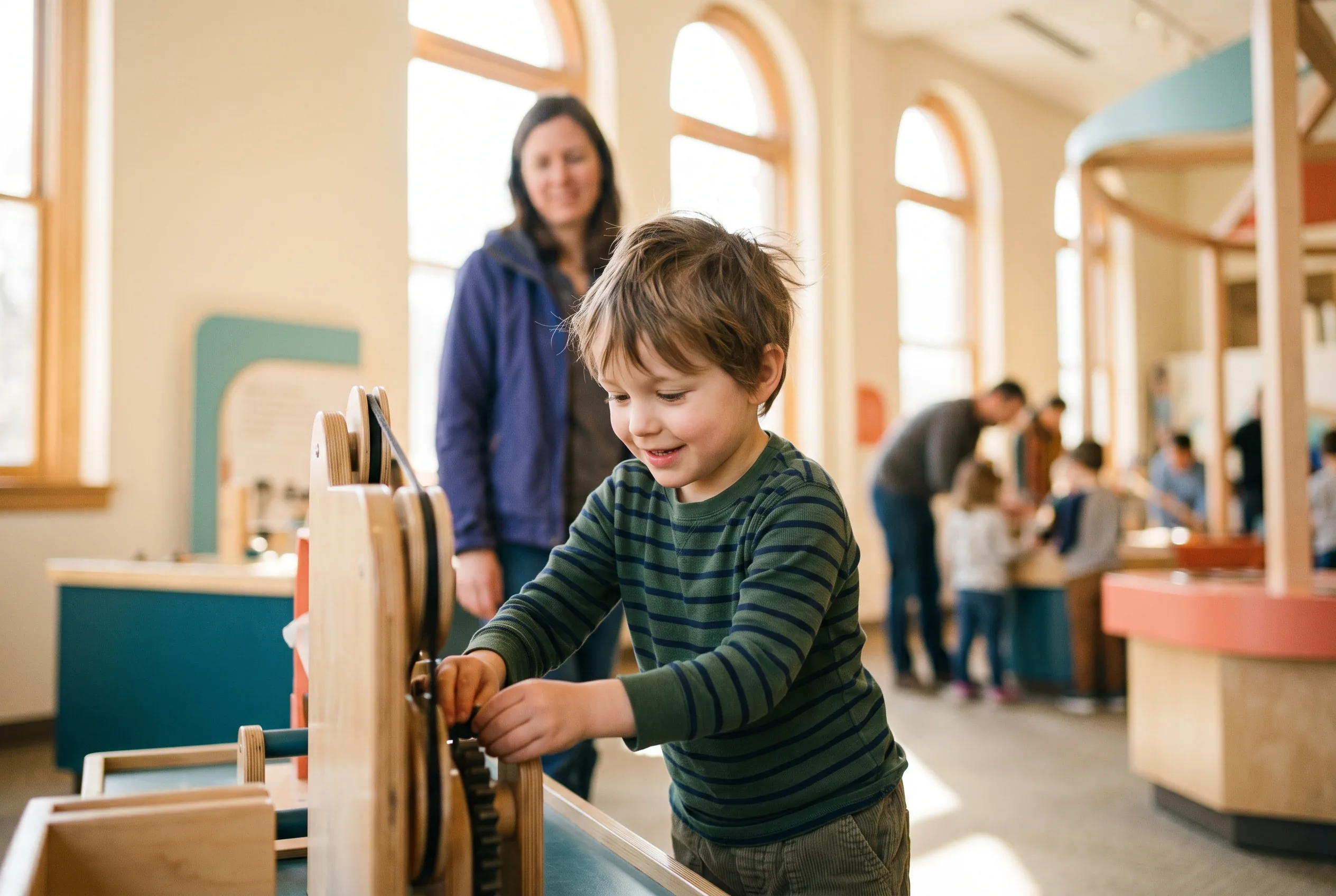 A child at a hands-on exhibit, mid-discovery — curiosity activated