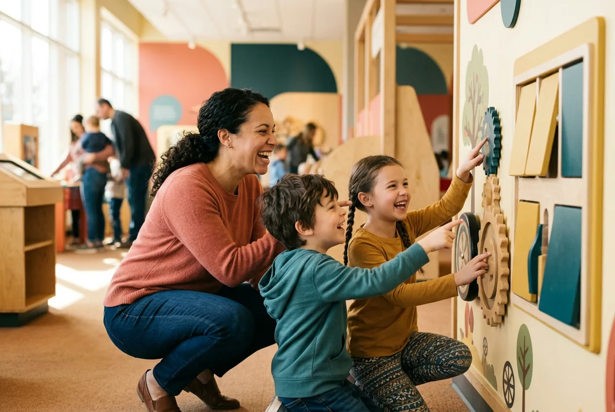 A family exploring an interactive gallery wall together — discovery, shared