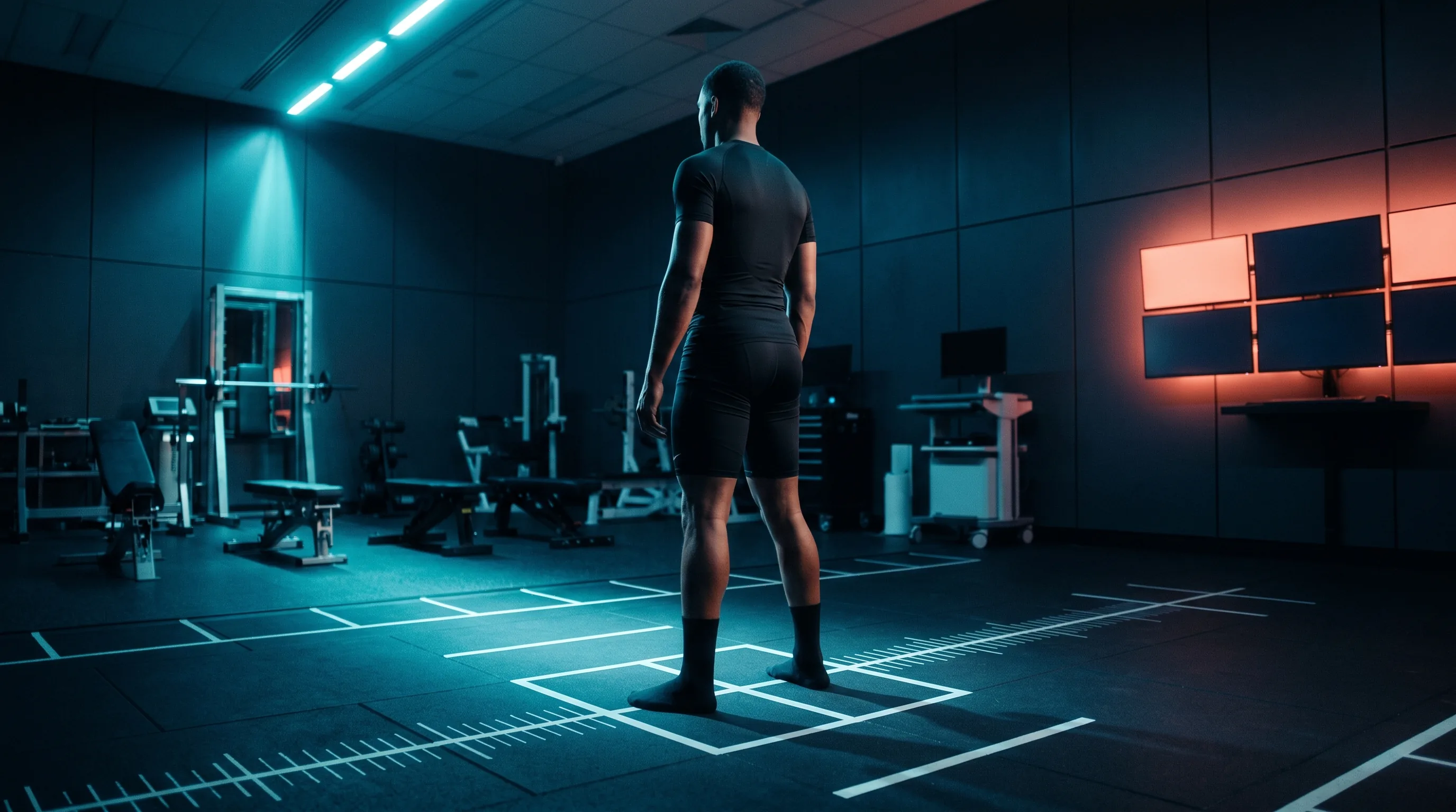Athlete in a dark performance lab ahead of an assessment