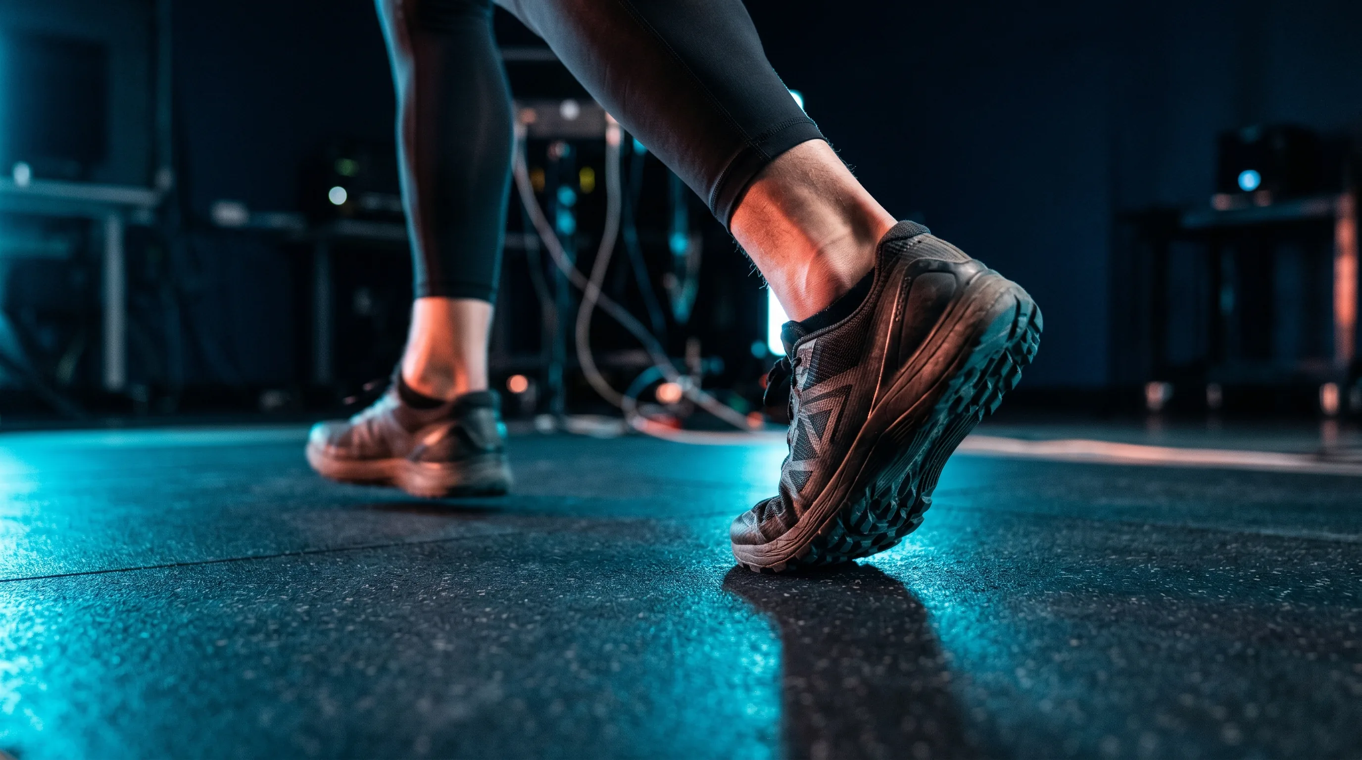 Close-up of a sprinter’s foot striking the track