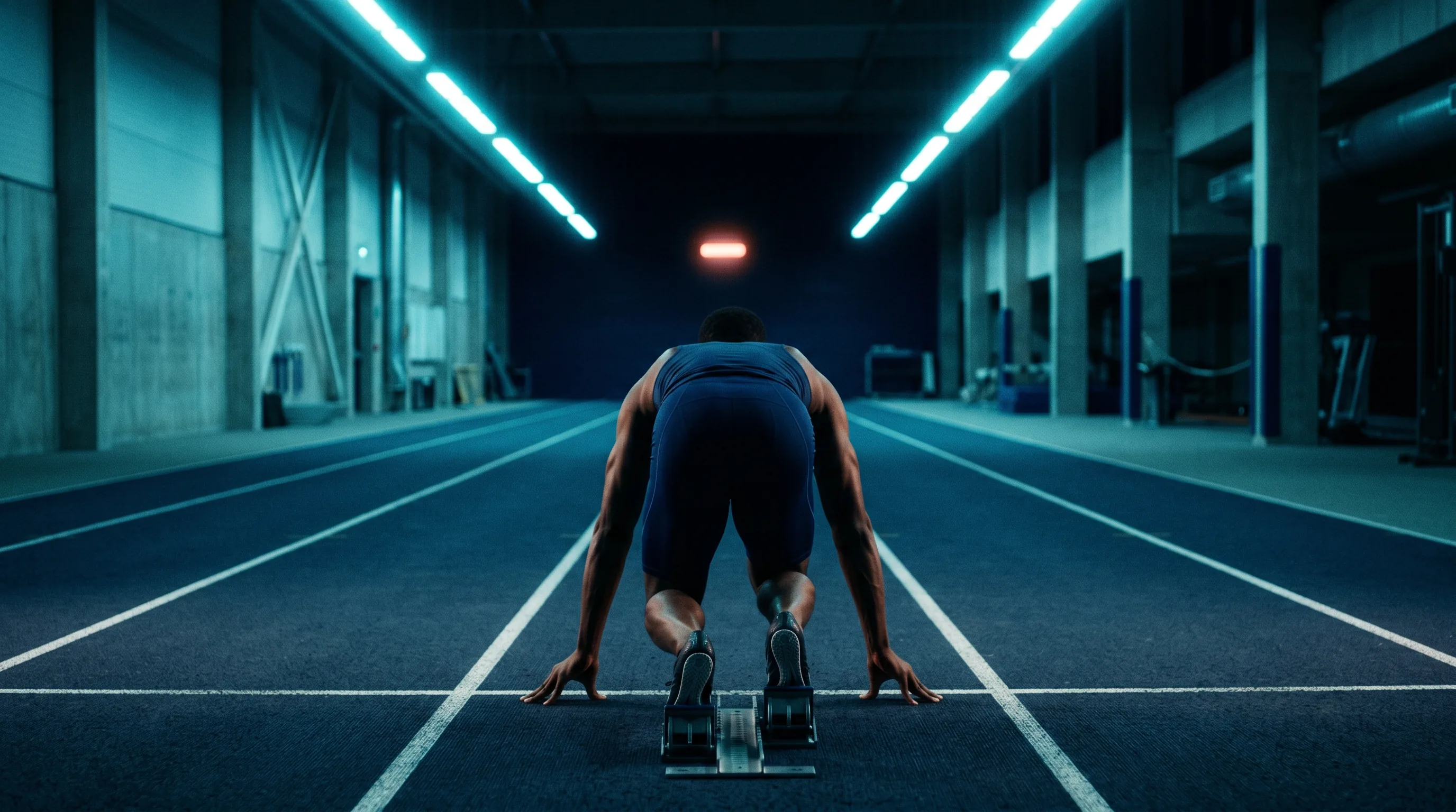 Sprinter crouched in the starting blocks on an indoor track under cyan light
