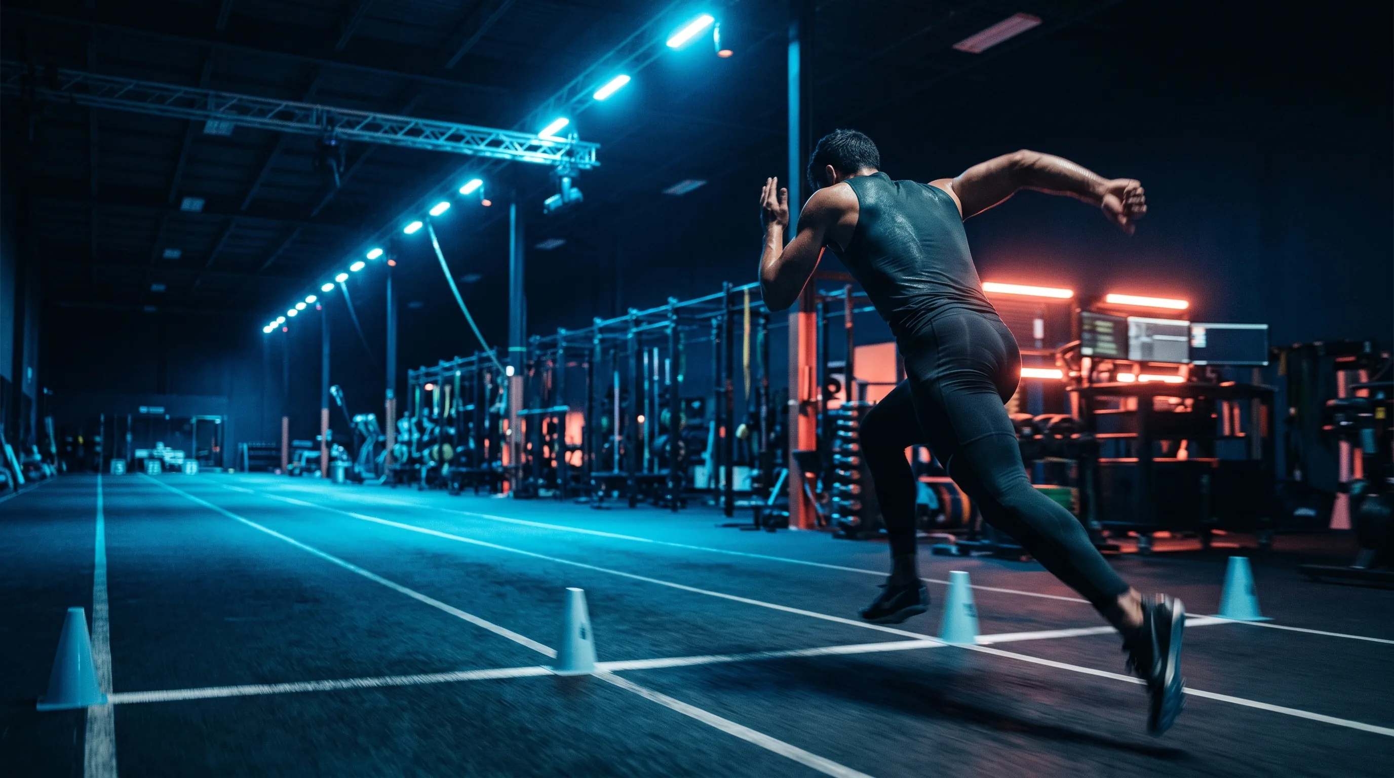 Athlete accelerating through a cone drill in a training facility