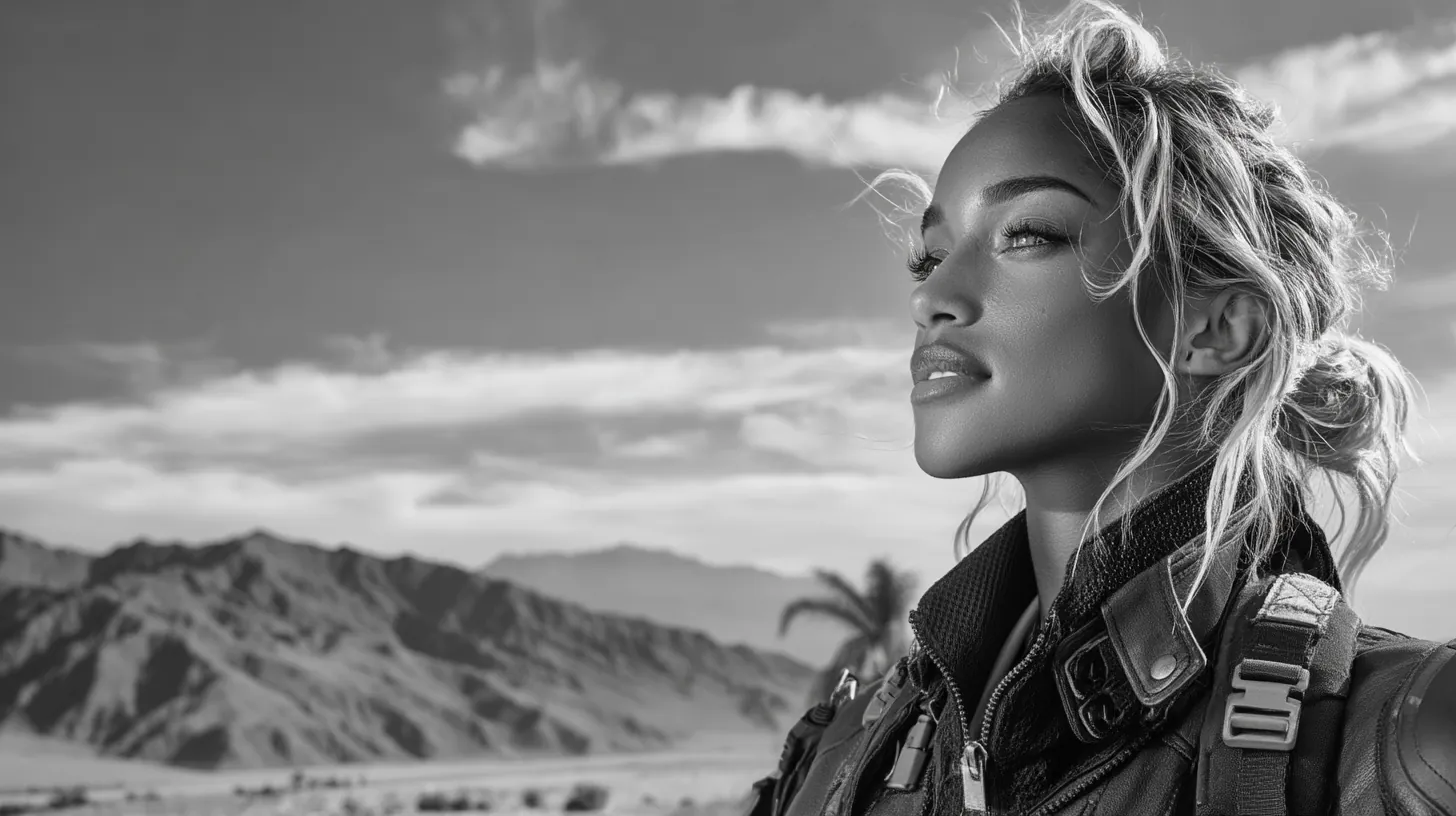 Black and white desert landscape with profile