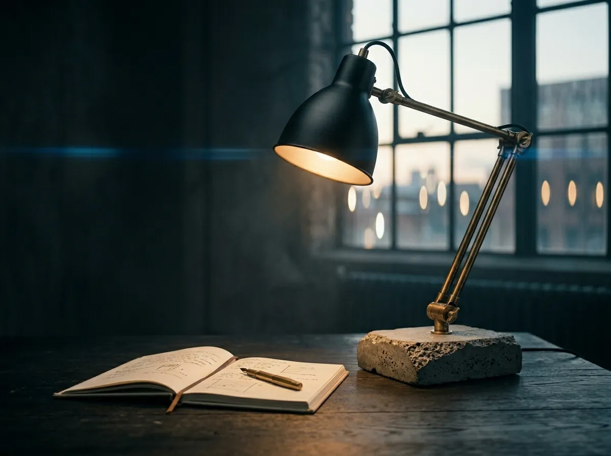 LUMEN Desk Lamp — brushed steel articulated lamp with brass hinges on stone base